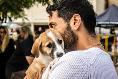Tel Aviv, İsrail 2 Şubat 2024 SOS Hayvan Derneği 'nden yeni bir köpek sahibi yok edilmiş kibbutzlardan terk edilmiş köpeklerin evlat edinilmesi için Place Otage' da bir gün düzenliyor.