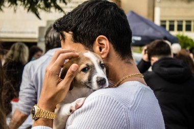 Tel Aviv, İsrail 2 Şubat 2024 SOS Hayvan Derneği 'nden yeni bir köpek sahibi yok edilmiş kibbutzlardan terk edilmiş köpeklerin evlat edinilmesi için Place Otage' da bir gün düzenliyor.