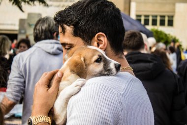 Tel Aviv, İsrail 2 Şubat 2024 SOS Hayvan Derneği 'nden yeni bir köpek sahibi yok edilmiş kibbutzlardan terk edilmiş köpeklerin evlat edinilmesi için Place Otage' da bir gün düzenliyor.