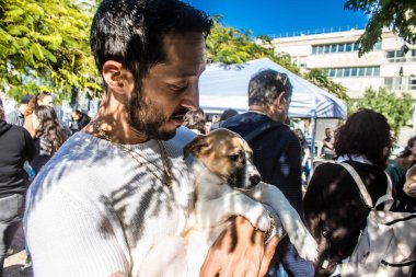 Tel Aviv, İsrail 2 Şubat 2024 SOS Animaux Derneği gönüllüleri Otage Meydanı 'nda yıkılmış kibbutzim' den terk edilmiş köpeklerin evlat edinilmesine adanmış bir gün organize ediyorlar.