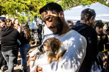 Tel Aviv, İsrail 2 Şubat 2024 SOS Animaux Derneği gönüllüleri Otage Meydanı 'nda yıkılmış kibbutzim' den terk edilmiş köpeklerin evlat edinilmesine adanmış bir gün organize ediyorlar.