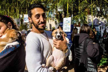 Tel Aviv, İsrail 2 Şubat 2024 SOS Animaux Derneği gönüllüleri Otage Meydanı 'nda yıkılmış kibbutzim' den terk edilmiş köpeklerin evlat edinilmesine adanmış bir gün organize ediyorlar.