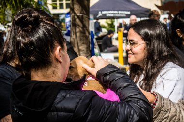 Tel Aviv, İsrail 2 Şubat 2024 SOS Animaux Derneği gönüllüleri Otage Meydanı 'nda yıkılmış kibbutzim' den terk edilmiş köpeklerin evlat edinilmesine adanmış bir gün organize ediyorlar.