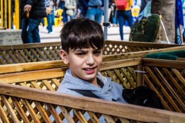 Tel Aviv, İsrail 2 Şubat 2024 SOS Animaux Derneği gönüllüleri Otage Meydanı 'nda yıkılmış kibbutzim' den terk edilmiş köpeklerin evlat edinilmesine adanmış bir gün organize ediyorlar.