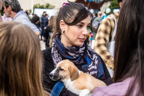 Tel Aviv, İsrail 2 Şubat 2024 SOS Hayvan Derneği 'nden yeni bir köpek sahibi yok edilmiş kibbutzlardan terk edilmiş köpeklerin evlat edinilmesi için Place Otage' da bir gün düzenliyor.