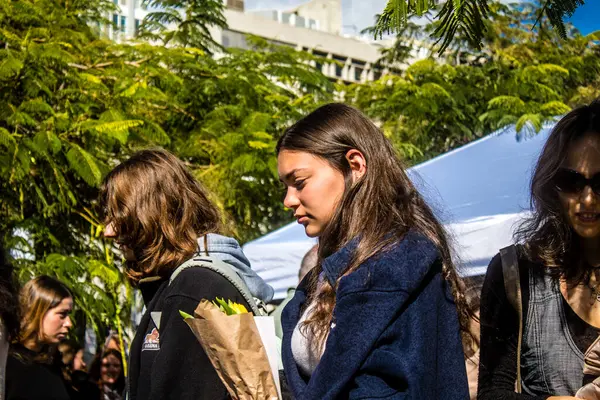 Tel Aviv, İsrail 2 Şubat 2024 SOS Hayvan Derneği 'nden gençler. Otage Meydanı' nda terk edilmiş köpeklerin yok edilmiş kibbutzlardan evlat edinilmesine adanmış bir gün düzenliyorlar.