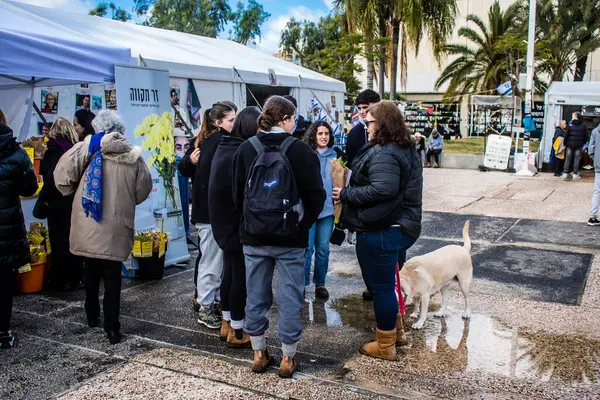 Tel Aviv, İsrail 2 Şubat 2024 'te Tel Aviv' deki Rehine Meydanı 'nda toplanan 130 rehinenin anısına. İnsanlar düzenli olarak rehine ailelerini desteklemek için toplanır.