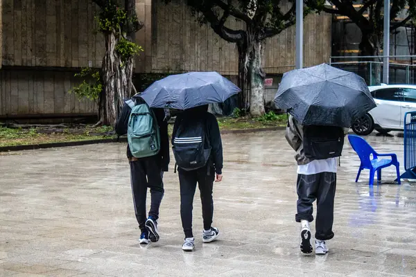 Tel Aviv, İsrail, 18 Şubat 2024 İsrail 'in sembolik ve simgesel şehri Tel Aviv sokaklarında şemsiyeyle yürüyen insanlar