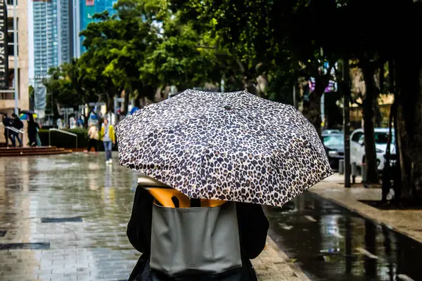 Tel Aviv, İsrail, 18 Şubat 2024 İsrail 'in sembolik ve simgesel şehri Tel Aviv sokaklarında şemsiyeyle yürüyen insanlar