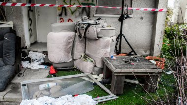 Kibbutz Kfar Aza, İsrail, 29 Ocak 2024 Kibbutz Kfar Aza 'daki evler otomatik silahlardan çok sayıda isabet aldı ya da ateşe verildi. Onlar hala insanlığa karşı suç mahalli olarak kabul ediliyor.