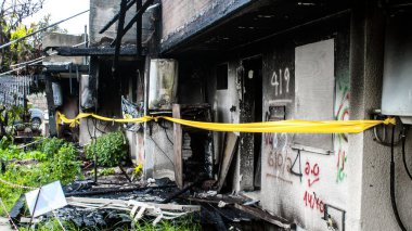 Kibbutz Kfar Aza, İsrail, 29 Ocak 2024 Kibbutz Kfar Aza 'daki evler otomatik silahlardan çok sayıda isabet aldı ya da ateşe verildi. Onlar hala insanlığa karşı suç mahalli olarak kabul ediliyor.