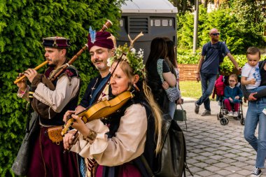 Reims, Fransa, 25 Mayıs 2024 Ortaçağ müzik grubunun müzisyeni Johanniques şenliklerinde konser veriyor, Festival, 1429 'da Reims' i İngilizceden kurtaran Joan of Arc 'a hürmetlerini sunuyor.