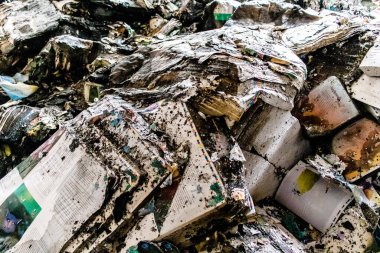 Kharkiv, Ukrayna, 4 Haziran 2024, yanmış kitaplara yakın. 23 Mayıs 'ta meydana gelen büyük bir Rus roket saldırısının ardından hasar gören Faktor-Druk matbaasında 50.000' den fazla kitap imha edildi..