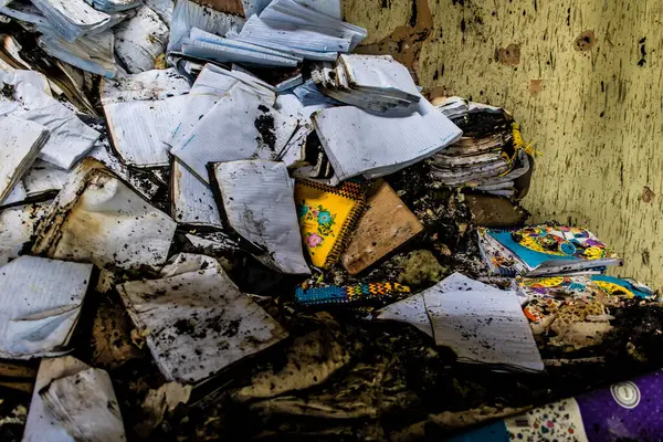 Kharkiv, Ukrayna, 4 Haziran 2024, yanmış kitaplara yakın. 23 Mayıs 'ta meydana gelen büyük bir Rus roket saldırısının ardından hasar gören Faktor-Druk matbaasında 50.000' den fazla kitap imha edildi..