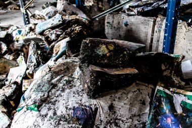 Kharkiv, Ukrayna, 4 Haziran 2024, yanmış kitaplara yakın. 23 Mayıs 'ta meydana gelen büyük bir Rus roket saldırısının ardından hasar gören Faktor-Druk matbaasında 50.000' den fazla kitap imha edildi..