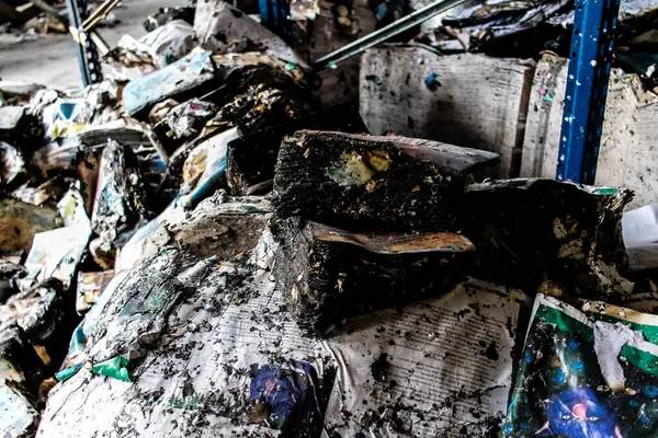 Kharkiv, Ukrayna, 4 Haziran 2024, yanmış kitaplara yakın. 23 Mayıs 'ta meydana gelen büyük bir Rus roket saldırısının ardından hasar gören Faktor-Druk matbaasında 50.000' den fazla kitap imha edildi..