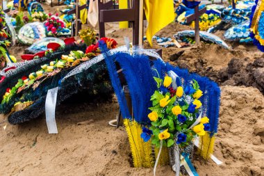 Kharkiv, Ukrayna, 13 Haziran 2024 Aleya Slavy, Harkiv 'in güneyindeki askeri mezarlık. Askerlerin mezarları, Ukrayna 'yı savunan kahramanlar göz alabildiğince uzanan çiçeklerle kaplıdır..