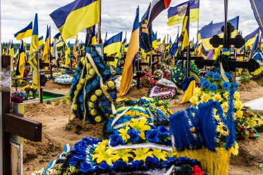 Kharkiv, Ukrayna, 13 Haziran 2024 Aleya Slavy, Harkiv 'in güneyindeki askeri mezarlık. Askerlerin mezarları, Ukrayna 'yı savunan kahramanlar göz alabildiğince uzanan çiçeklerle kaplıdır..