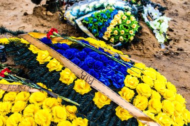 Kharkiv, Ukrayna, 13 Haziran 2024 Aleya Slavy, Harkiv 'in güneyindeki askeri mezarlık. Askerlerin mezarları, Ukrayna 'yı savunan kahramanlar göz alabildiğince uzanan çiçeklerle kaplıdır..