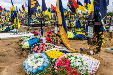 Kharkiv, Ukrayna, 13 Haziran 2024 Aleya Slavy, Harkiv 'in güneyindeki askeri mezarlık. Askerlerin mezarları, Ukrayna 'yı savunan kahramanlar göz alabildiğince uzanan çiçeklerle kaplıdır..