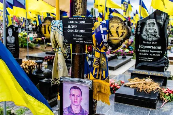 Kharkiv, Ukrayna, 13 Haziran 2024 Ukrayna 'ya karşı 2014' ten beri Ukrayna 'yı savunurken ölen askerlerin mezarlarının portresi. Kahramanlar Aleya Slavy adındaki Harkiv askeri mezarlığında dinleniyor..