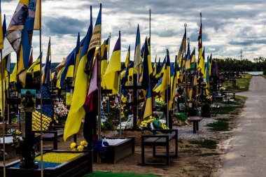 Kharkiv, Ukrayna, 13 Haziran 2024 Aleya Slavy, Harkiv 'in güneyindeki askeri mezarlık. Burada Ukrayna 'yı savunan kahramanlar dinleniyor. Sarı ve mavi bayraklar göz alabildiğince uzanıyor..