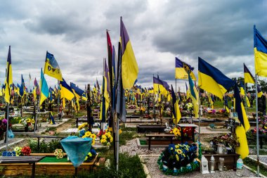 Kharkiv, Ukrayna, 13 Haziran 2024 Aleya Slavy, Harkiv 'in güneyindeki askeri mezarlık. Burada Ukrayna 'yı savunan kahramanlar dinleniyor. Sarı ve mavi bayraklar göz alabildiğince uzanıyor..