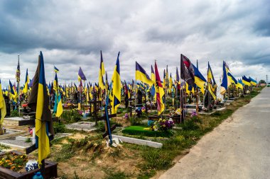 Kharkiv, Ukrayna, 13 Haziran 2024 Aleya Slavy, Harkiv 'in güneyindeki askeri mezarlık. Burada Ukrayna 'yı savunan kahramanlar dinleniyor. Sarı ve mavi bayraklar göz alabildiğince uzanıyor..