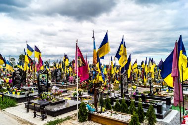 Kharkiv, Ukrayna, 13 Haziran 2024 Aleya Slavy, Harkiv 'in güneyindeki askeri mezarlık. Burada Ukrayna 'yı savunan kahramanlar dinleniyor. Sarı ve mavi bayraklar göz alabildiğince uzanıyor..