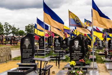Kharkiv, Ukrayna, 13 Haziran 2024 Aleya Slavy, Harkiv 'in güneyindeki askeri mezarlık. Burada Ukrayna 'yı savunan kahramanlar dinleniyor. Sarı ve mavi bayraklar göz alabildiğince uzanıyor..