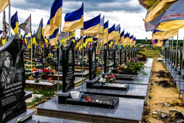 Kharkiv, Ukrayna, 13 Haziran 2024 Aleya Slavy, Harkiv 'in güneyindeki askeri mezarlık. Burada Ukrayna 'yı savunan kahramanlar dinleniyor. Sarı ve mavi bayraklar göz alabildiğince uzanıyor..