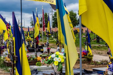 Kharkiv, Ukrayna, 13 Haziran 2024. Sarı ve mavi bayraklar Kharkiv 'in güneyindeki bir askeri mezarlık olan Aleya Slavy' ye kadar uzanıyor. Askerler burada, Ukrayna 'yı savunan kahramanlar..
