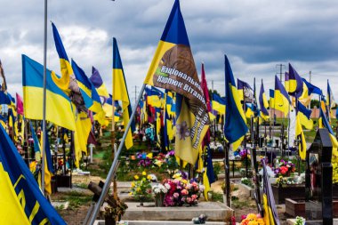 Kharkiv, Ukrayna, 13 Haziran 2024. Sarı ve mavi bayraklar Kharkiv 'in güneyindeki bir askeri mezarlık olan Aleya Slavy' ye kadar uzanıyor. Askerler burada, Ukrayna 'yı savunan kahramanlar..