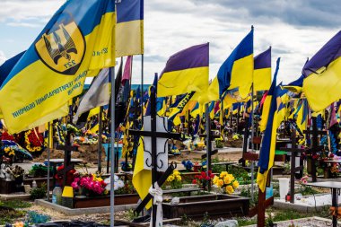 Kharkiv, Ukrayna, 13 Haziran 2024. Sarı ve mavi bayraklar Kharkiv 'in güneyindeki bir askeri mezarlık olan Aleya Slavy' ye kadar uzanıyor. Askerler burada, Ukrayna 'yı savunan kahramanlar..