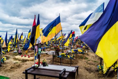 Kharkiv, Ukrayna, 13 Haziran 2024. Sarı ve mavi bayraklar Kharkiv 'in güneyindeki bir askeri mezarlık olan Aleya Slavy' ye kadar uzanıyor. Askerler burada, Ukrayna 'yı savunan kahramanlar..