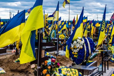 Kharkiv, Ukrayna, 13 Haziran 2024. Sarı ve mavi bayraklar Kharkiv 'in güneyindeki bir askeri mezarlık olan Aleya Slavy' ye kadar uzanıyor. Askerler burada, Ukrayna 'yı savunan kahramanlar..