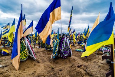 Kharkiv, Ukrayna, 13 Haziran 2024. Sarı ve mavi bayraklar Kharkiv 'in güneyindeki bir askeri mezarlık olan Aleya Slavy' ye kadar uzanıyor. Askerler burada, Ukrayna 'yı savunan kahramanlar..