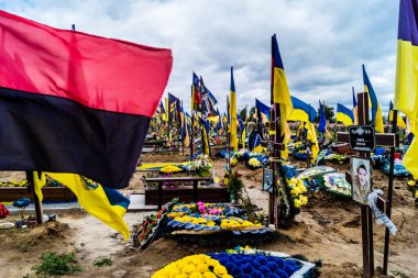Kharkiv, Ukrayna, 13 Haziran 2024. Sarı ve mavi bayraklar Kharkiv 'in güneyindeki bir askeri mezarlık olan Aleya Slavy' ye kadar uzanıyor. Askerler burada, Ukrayna 'yı savunan kahramanlar..