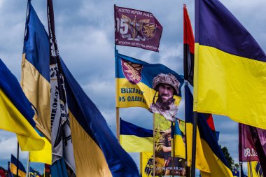 Kharkiv, Ukrayna, 13 Haziran 2024. Sarı ve mavi bayraklar Kharkiv 'in güneyindeki bir askeri mezarlık olan Aleya Slavy' ye kadar uzanıyor. Askerler burada, Ukrayna 'yı savunan kahramanlar..