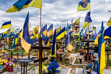 Kharkiv, Ukrayna, 13 Haziran 2024. Sarı ve mavi bayraklar Kharkiv 'in güneyindeki bir askeri mezarlık olan Aleya Slavy' ye kadar uzanıyor. Askerler burada, Ukrayna 'yı savunan kahramanlar..