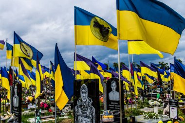 Kharkiv, Ukrayna, 13 Haziran 2024. Sarı ve mavi bayraklar Kharkiv 'in güneyindeki bir askeri mezarlık olan Aleya Slavy' ye kadar uzanıyor. Askerler burada, Ukrayna 'yı savunan kahramanlar..