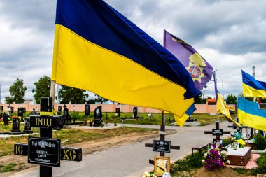 Kharkiv, Ukrayna, 13 Haziran 2024. Sarı ve mavi bayraklar Kharkiv 'in güneyindeki bir askeri mezarlık olan Aleya Slavy' ye kadar uzanıyor. Askerler burada, Ukrayna 'yı savunan kahramanlar..