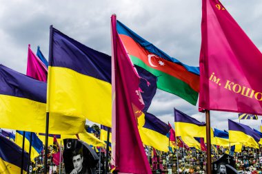 Kharkiv, Ukrayna, 13 Haziran 2024. Sarı ve mavi bayraklar Kharkiv 'in güneyindeki bir askeri mezarlık olan Aleya Slavy' ye kadar uzanıyor. Askerler burada, Ukrayna 'yı savunan kahramanlar..