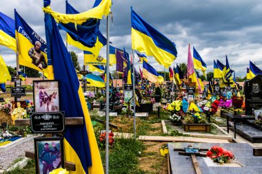 Kharkiv, Ukrayna, 13 Haziran 2024. Sarı ve mavi bayraklar Kharkiv 'in güneyindeki bir askeri mezarlık olan Aleya Slavy' ye kadar uzanıyor. Askerler burada, Ukrayna 'yı savunan kahramanlar..