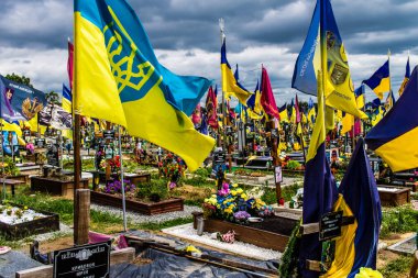 Kharkiv, Ukrayna, 13 Haziran 2024. Sarı ve mavi bayraklar Kharkiv 'in güneyindeki bir askeri mezarlık olan Aleya Slavy' ye kadar uzanıyor. Askerler burada, Ukrayna 'yı savunan kahramanlar..