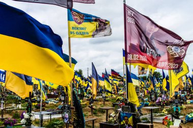 Kharkiv, Ukrayna, 13 Haziran 2024. Sarı ve mavi bayraklar Kharkiv 'in güneyindeki bir askeri mezarlık olan Aleya Slavy' ye kadar uzanıyor. Askerler burada, Ukrayna 'yı savunan kahramanlar..