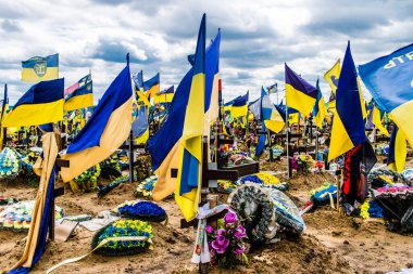 Kharkiv, Ukrayna, 13 Haziran 2024. Sarı ve mavi bayraklar Kharkiv 'in güneyindeki bir askeri mezarlık olan Aleya Slavy' ye kadar uzanıyor. Askerler burada, Ukrayna 'yı savunan kahramanlar..