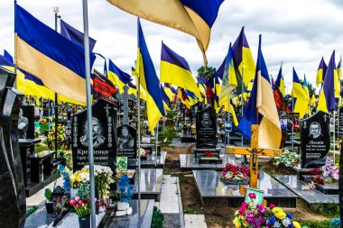 Kharkiv, Ukrayna, 13 Haziran 2024. Sarı ve mavi bayraklar Kharkiv 'in güneyindeki bir askeri mezarlık olan Aleya Slavy' ye kadar uzanıyor. Askerler burada, Ukrayna 'yı savunan kahramanlar..