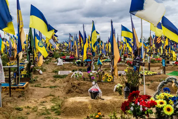 Kharkiv, Ukrayna, 13 Haziran 2024 Aleya Slavy, Harkiv 'in güneyindeki askeri mezarlık. Burada Ukrayna 'yı savunan kahramanlar dinleniyor. Sarı ve mavi bayraklar göz alabildiğince uzanıyor..