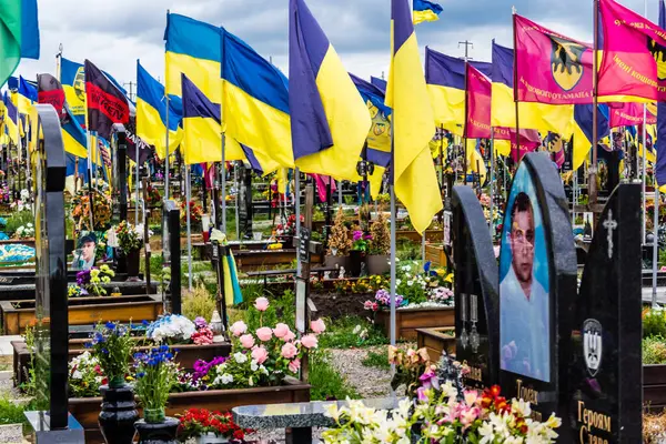 Kharkiv, Ukrayna, 13 Haziran 2024. Sarı ve mavi bayraklar Kharkiv 'in güneyindeki bir askeri mezarlık olan Aleya Slavy' ye kadar uzanıyor. Askerler burada, Ukrayna 'yı savunan kahramanlar..